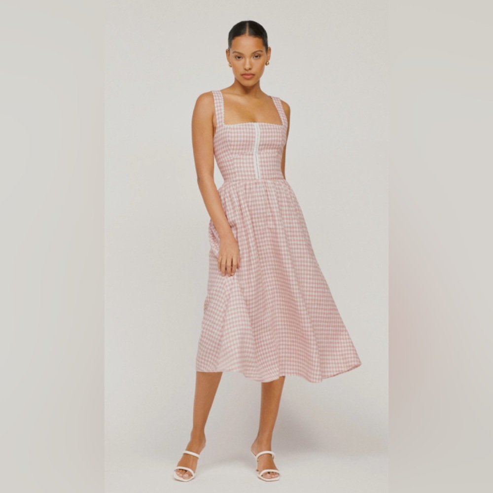 Reformation Tagliatelle Linen Dress in Blush Check